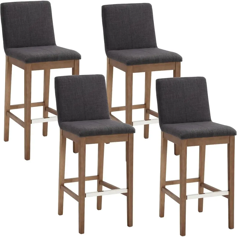 

4-Piece Upholstered Wood Bar Stools with Back, 30 Inch Height, Charcoal Linen Fabric for Kitchen Island or Dining Area