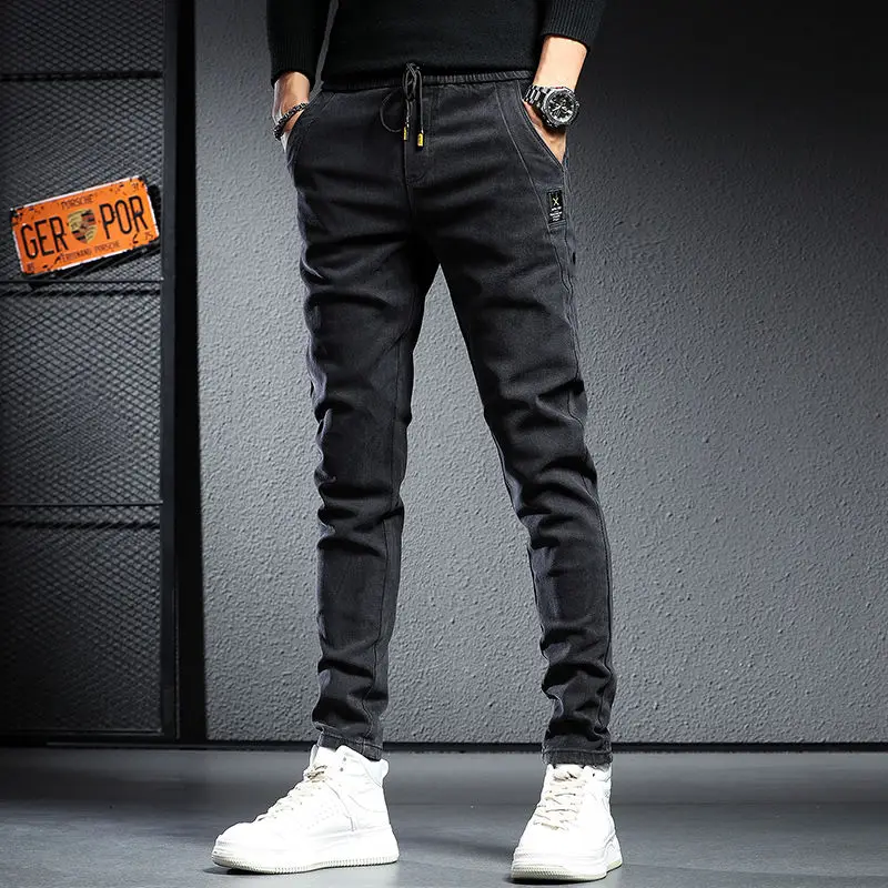 Autumn Winter Baggy Jeans Man Brushed Thicken Wool Plush Cowboy Black Korean Designer Clothing Cargos Drawstring Slim Trousers