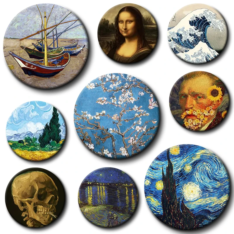 

Van Gogh Starry Sky Art Abstract Figure Brooch Badges Round Pins Handmade Tinplate Brooches for Backpack Clothes Chest Ornament