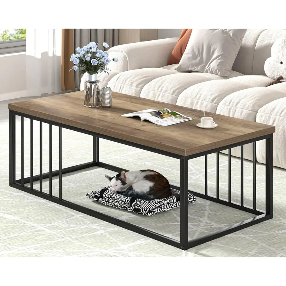 

Modern Coffee Table, Minimalist Wood And Metal Center Table For Living Room, Rustic Oak, 43.3 H
