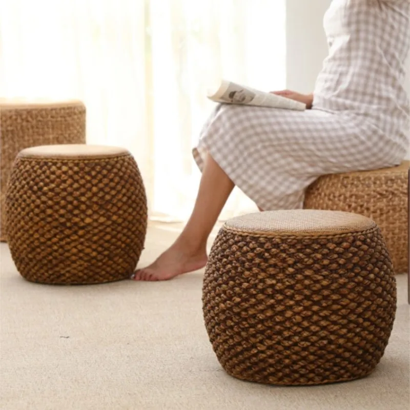 Natural seaweed woven drum stool, home balcony, leisure sitting stools, homestay, Zen style grass woven low pier