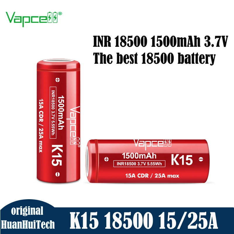 Original Vapcell K15 INR 18500 1500mAh 15A 3.7V Rechargeable Batteries Strongest Power Best 18500 Battery For Flashlight