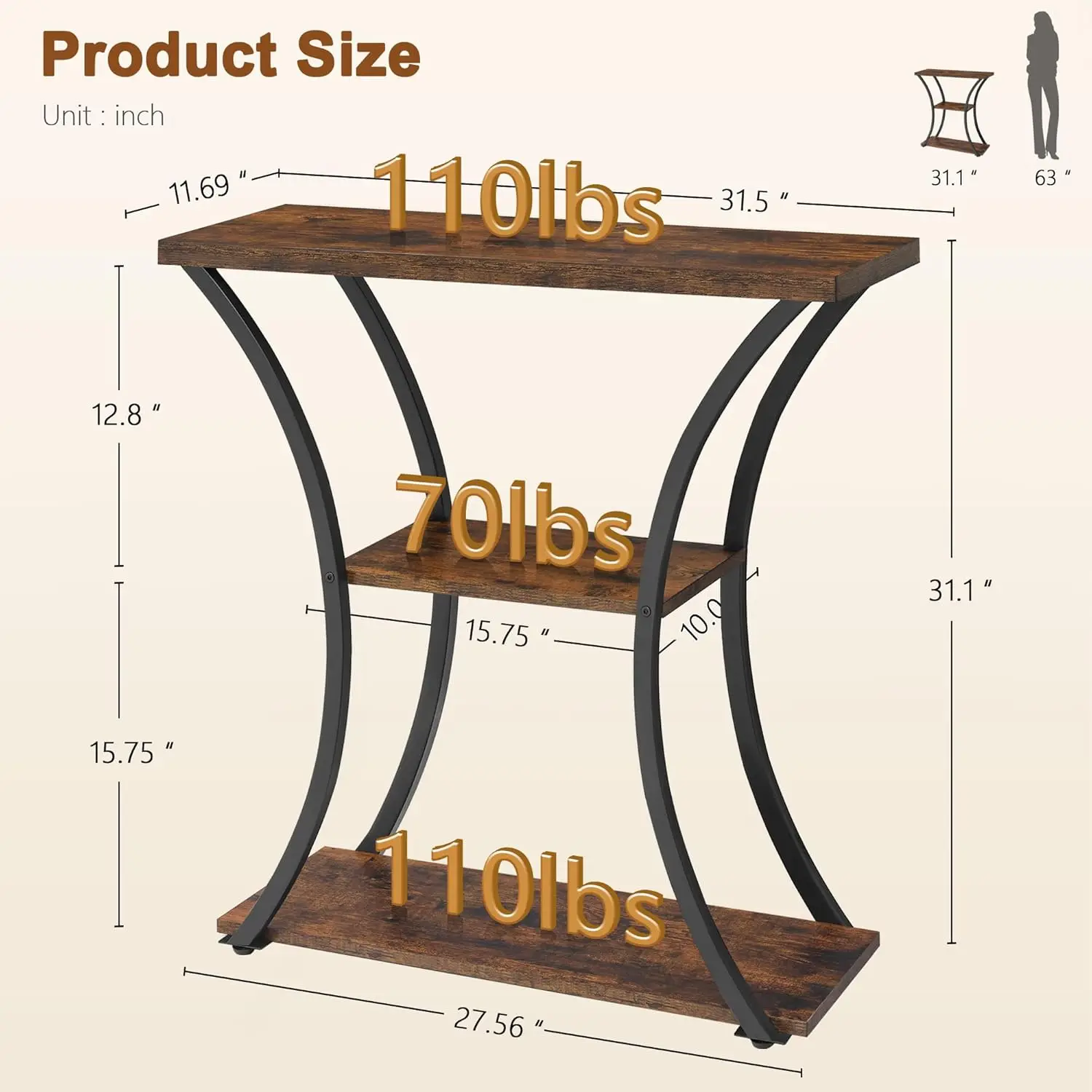

3 Tier Console Table with Open Wood Shelves, Decorative Table with Curved Metal Frames, Narrow Sofa Table, Rustic Brown+Black
