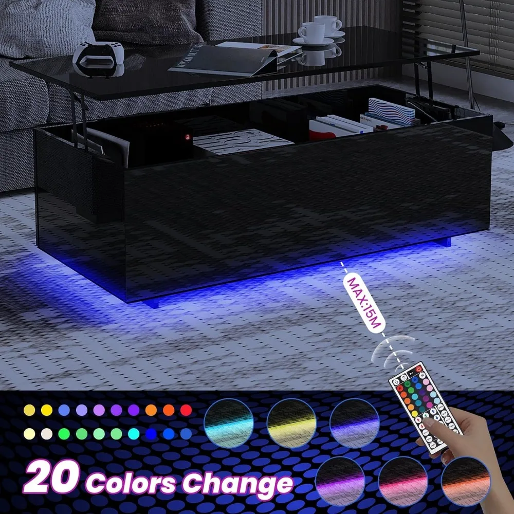 Couch tische-mit LED-Leuchten, 20 Farben per Fernbedienung oder App gesteuert, 47 ''Lift Top mit verstecktem Stauraum, Couch tische