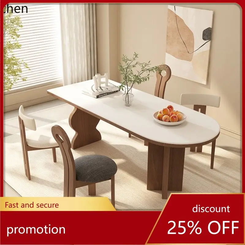 

HXL Solid Wood Travertine Stone Rock Plate Dining Table and Chair Combination Dining Table Oval Dining Table
