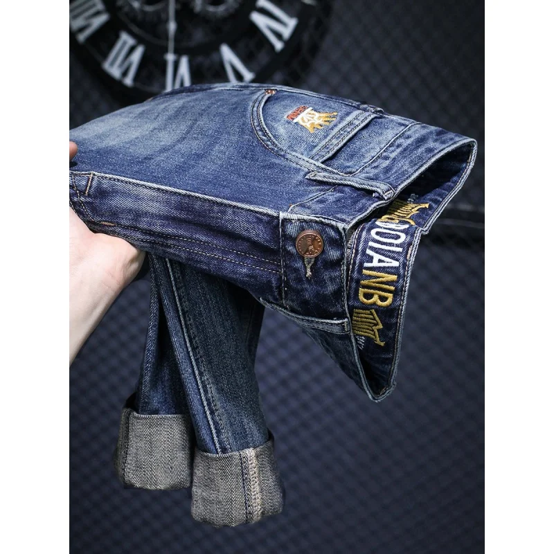 Men's Pants Slim-Fitting Small Straight Jeans Men's Fashion Street Fashion 2024 New Stretch Water-Washing Embroidery Trousers