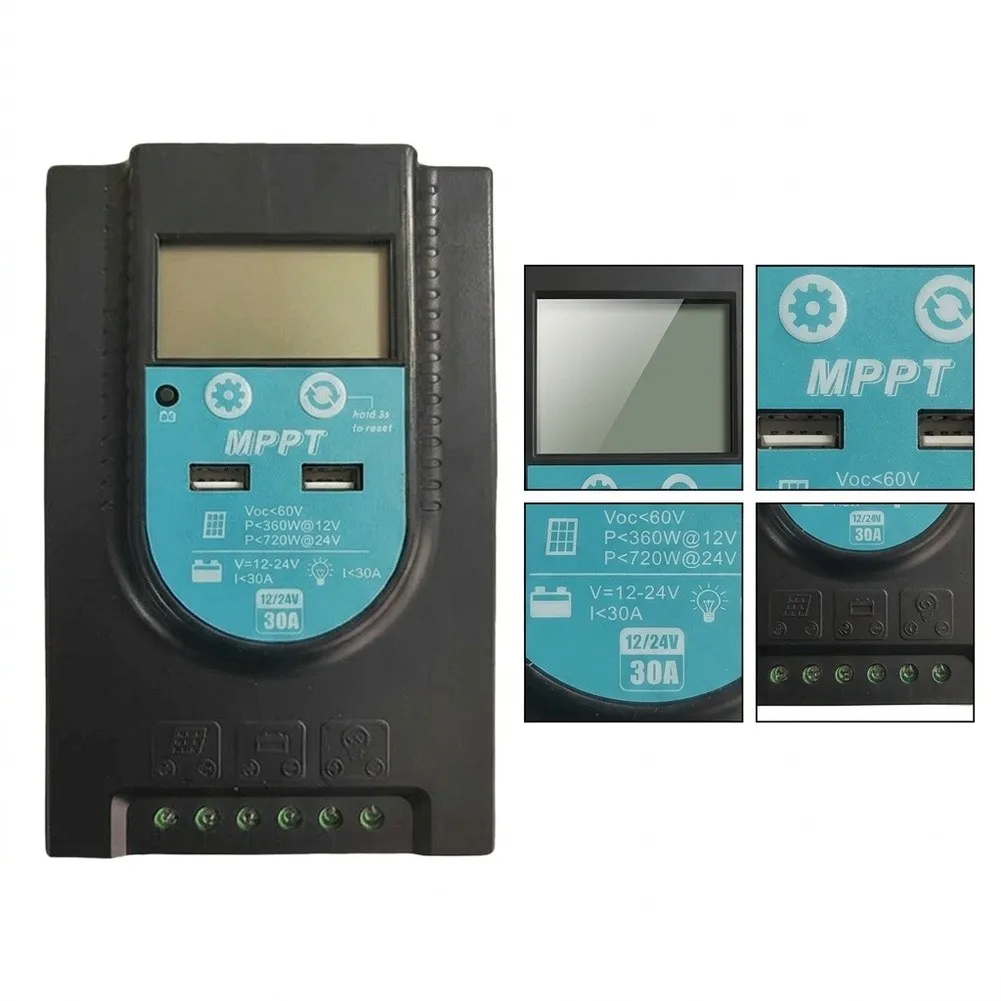 30 Amp MPPT Solar For Charger Controller with Automatic Voltage Regulation LCD Screen and Thermal Management Fan