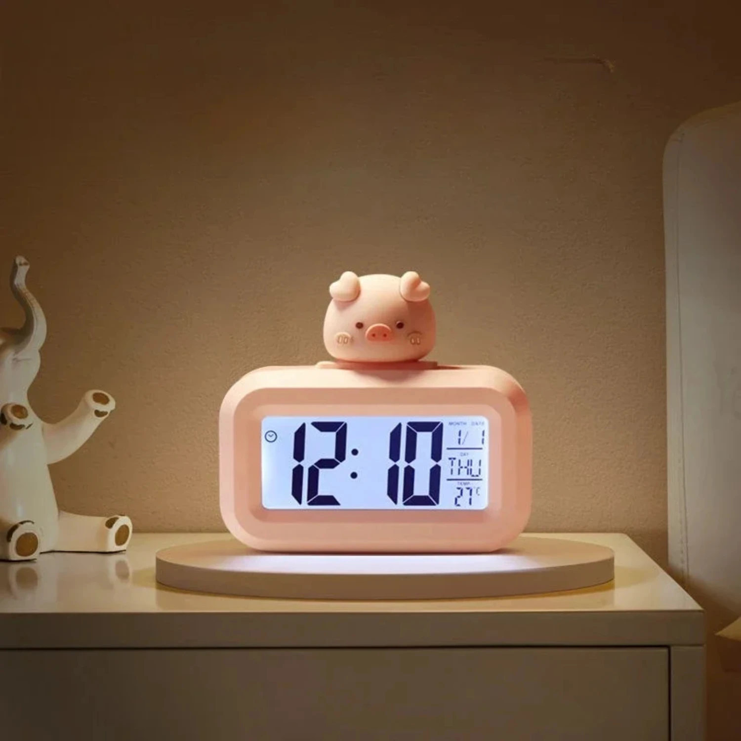 Mini Cute Cartoon Digital Desktop Table Clock with Backlight Snooze Mute Calendar and Temperature Electronic Alarm Clock