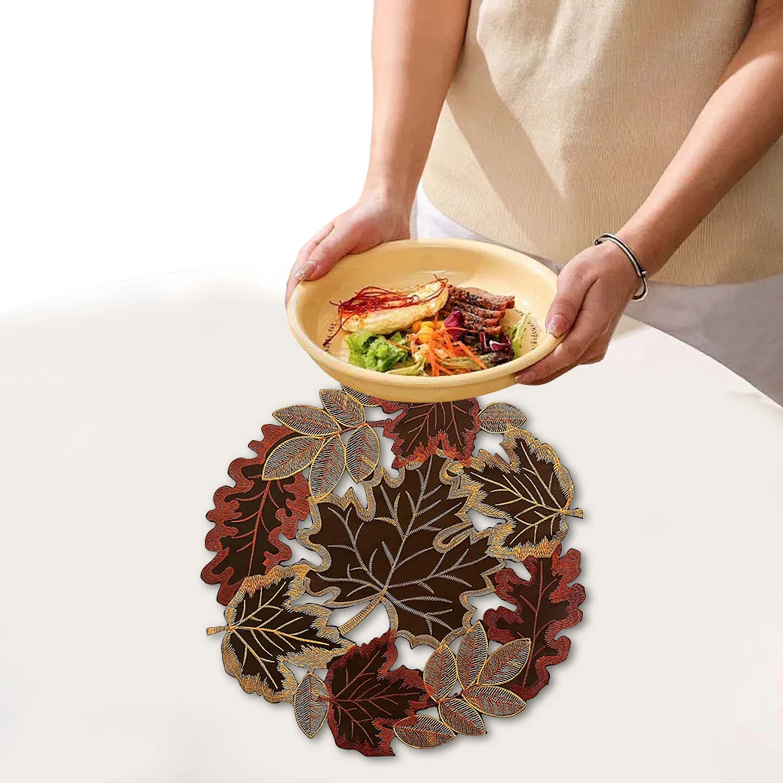 Embroidered Maple Leaf Round Doily Placemats W/ Lace Maple Leaf Pattern Table Mat Round Fall Table Mat for Fall Harvest Decor