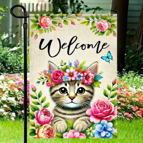 Spring Summer Garden Flag Double Sided Floral Crown Cat Garden Flag for, 12x18 XXQ