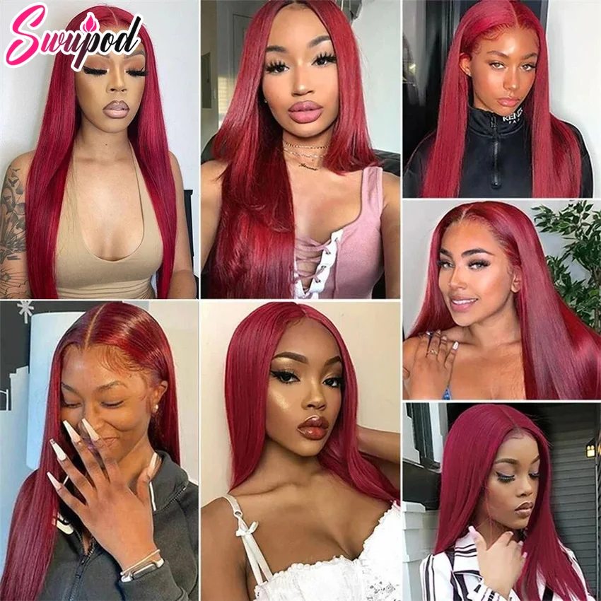 13x6/13x4 Hd Lace Front Human Hair Red Burgundy 99j Brazilian Straight Lace Frontal Wigs For Black Women Pre Plucked Colored