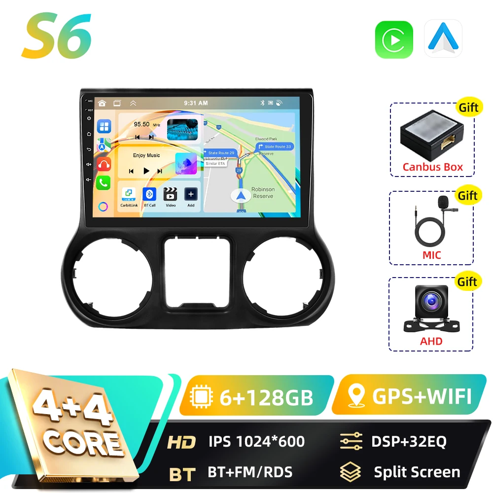 Podofo Qualcomm 8-core 2-DIN Android autoradio voor Jeep Wrangler 2011-2014 met DSP, Android Auto, BT, GPS, FM, WIFI, RDS en Carplay.