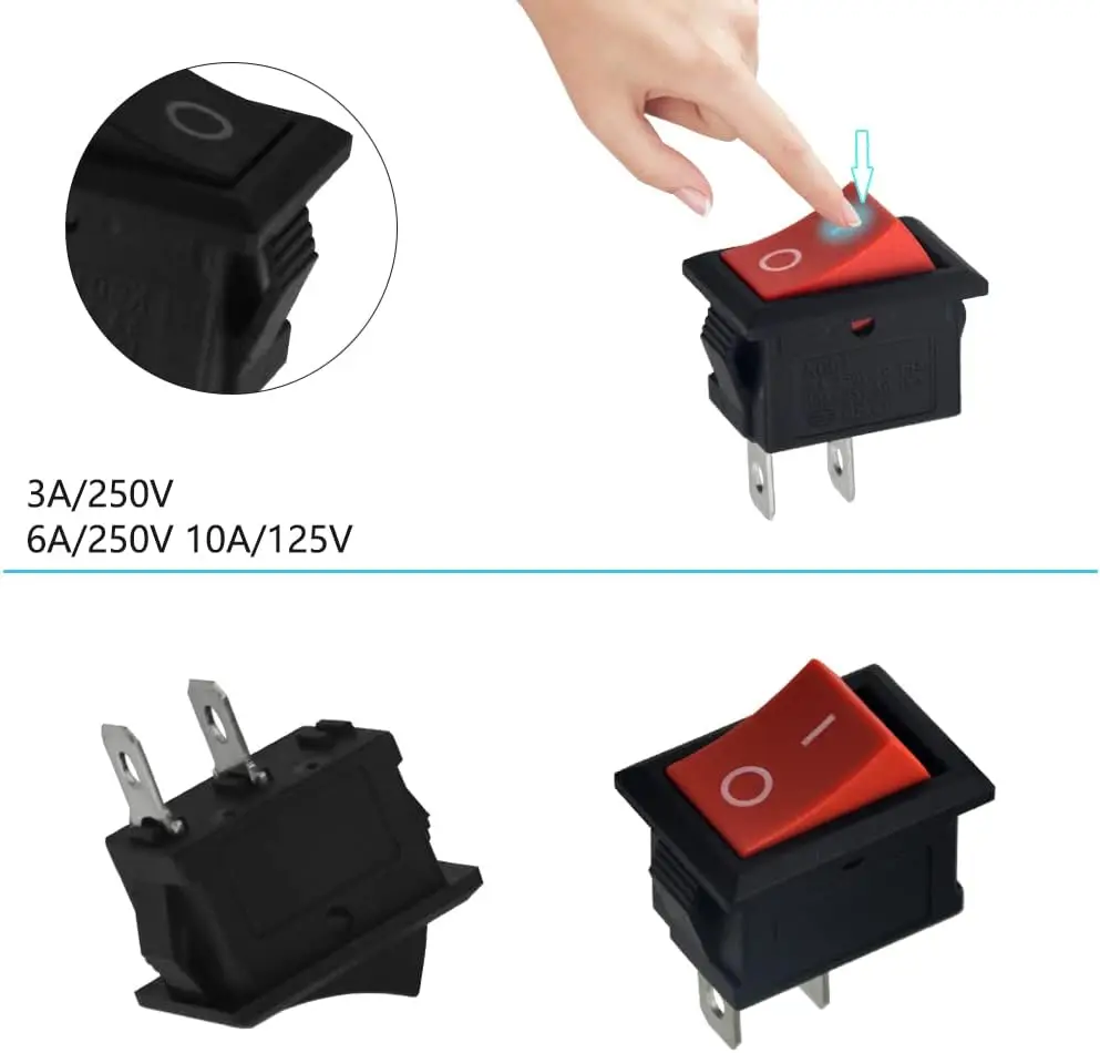 10pcs KCD1 2 pin Red Rocker Switch SPST 2 Position 250V 6A 125V 10A Boat Shaped Rocker Switch for auto Household appliances DIY