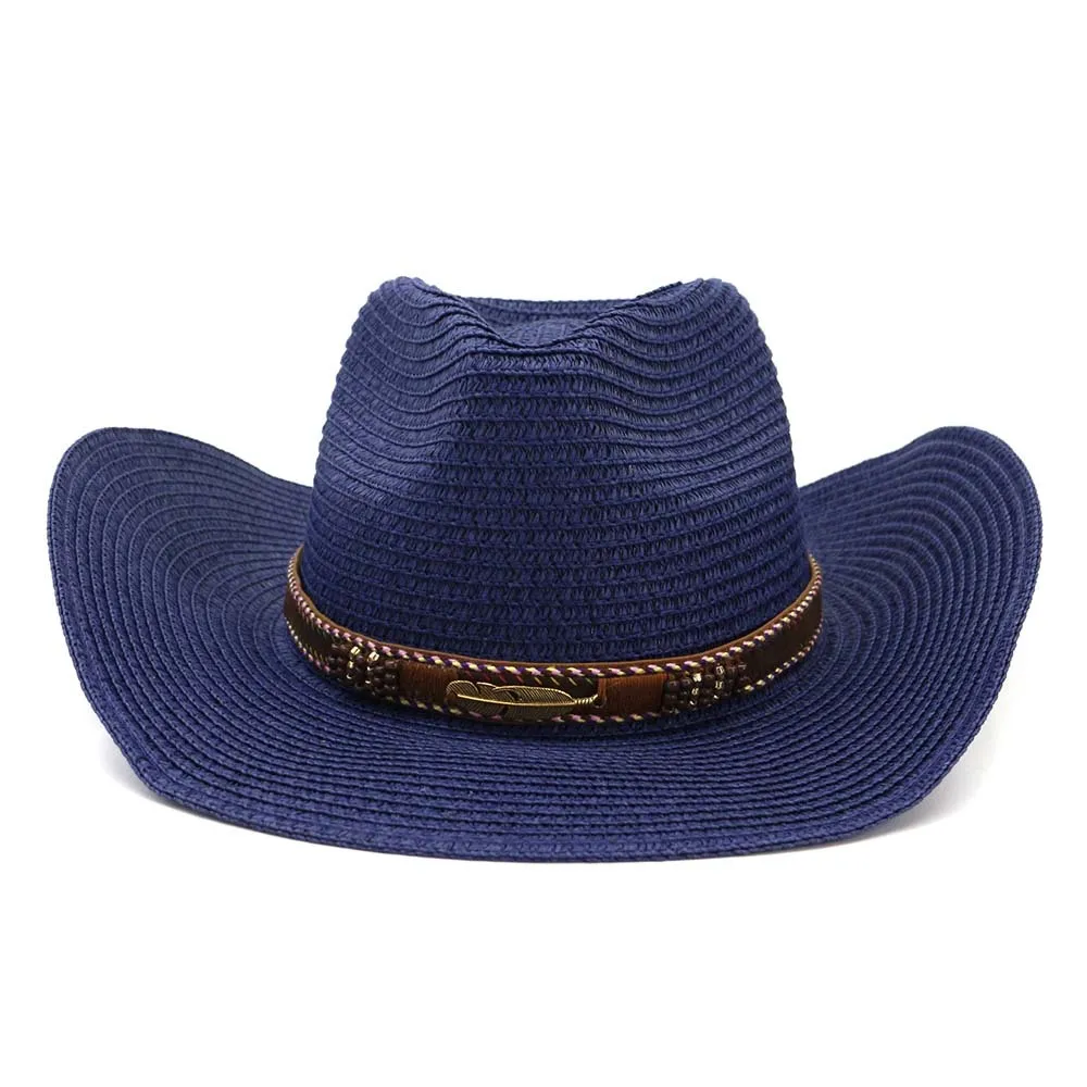 

1Pc Fashion Straw Cowboy Hat For Men Women Vintage Western Wide Brim Cowgirl Jazz Cap Unisex Outdoor Beach Vacation Sun Hats