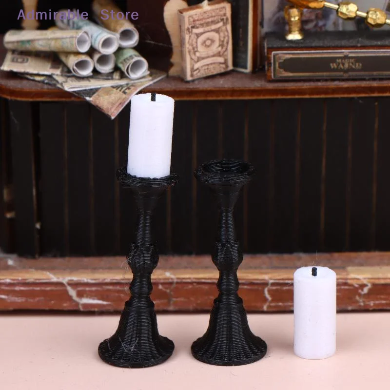 w2Pcs Miniature Candle Holder Set for Dollhouse with 2 Candles Metal Candlestick Model Decoration for Mini Table Decor