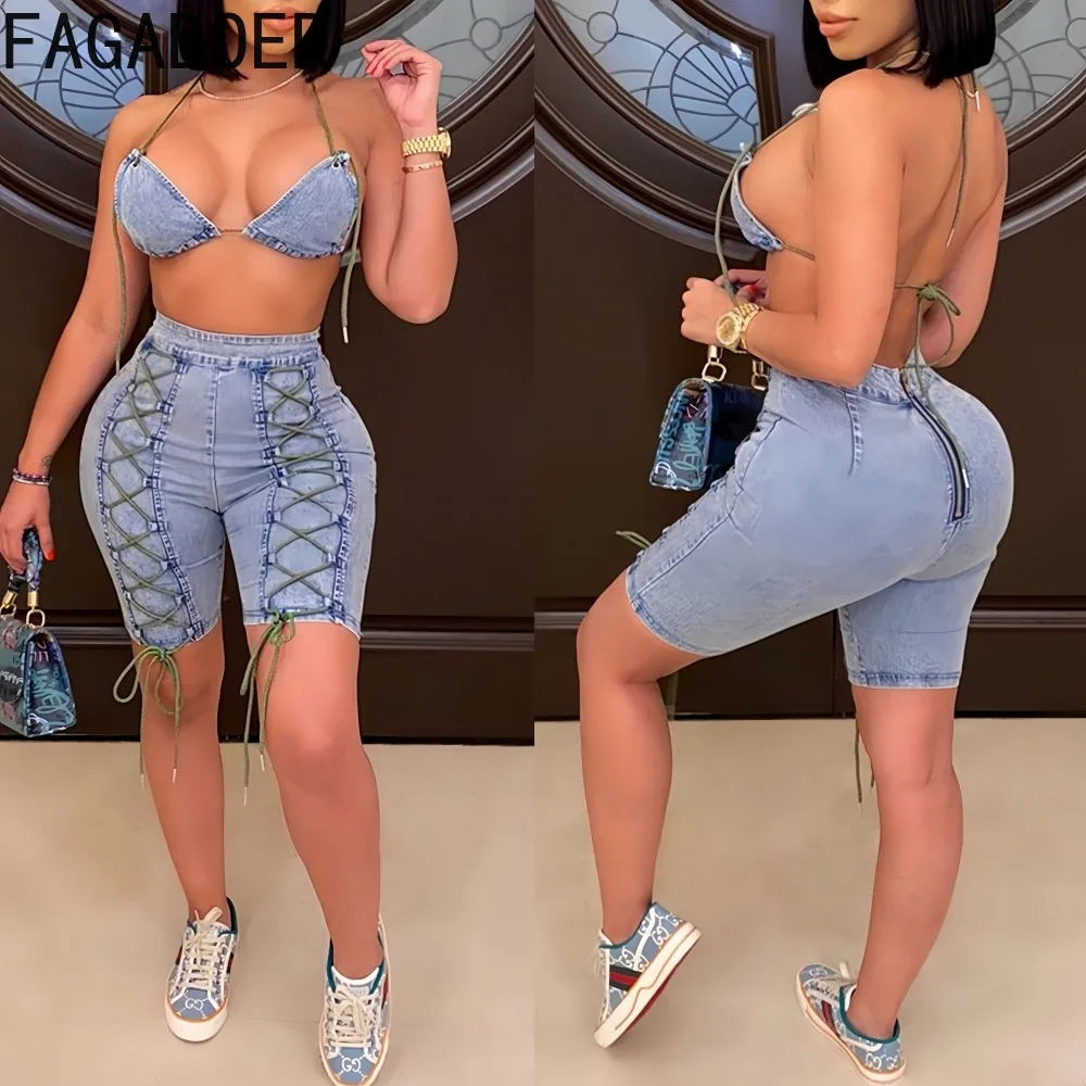 

FAGADOER Y2K Sexy Bandage Patchwork Woman 2 Piece Set Outfit Spaghetti Strap Backless Crop Top and Shorts Female Streetwear New