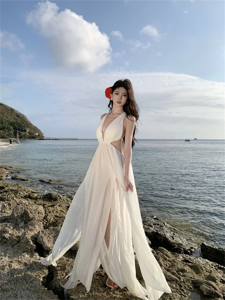 

White Elegant Sexy Club Backless V Neck Halter Bandage Dress Women Summer Sleeveless Birthday Evening Party Fairy Sundress Retro