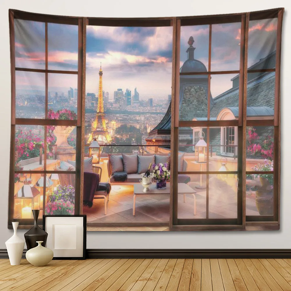 Window Tapestry Wall Hanging Room Decorations Home Decor Bedroom Night View Hanging Curtain Background for Bedroom Living Room