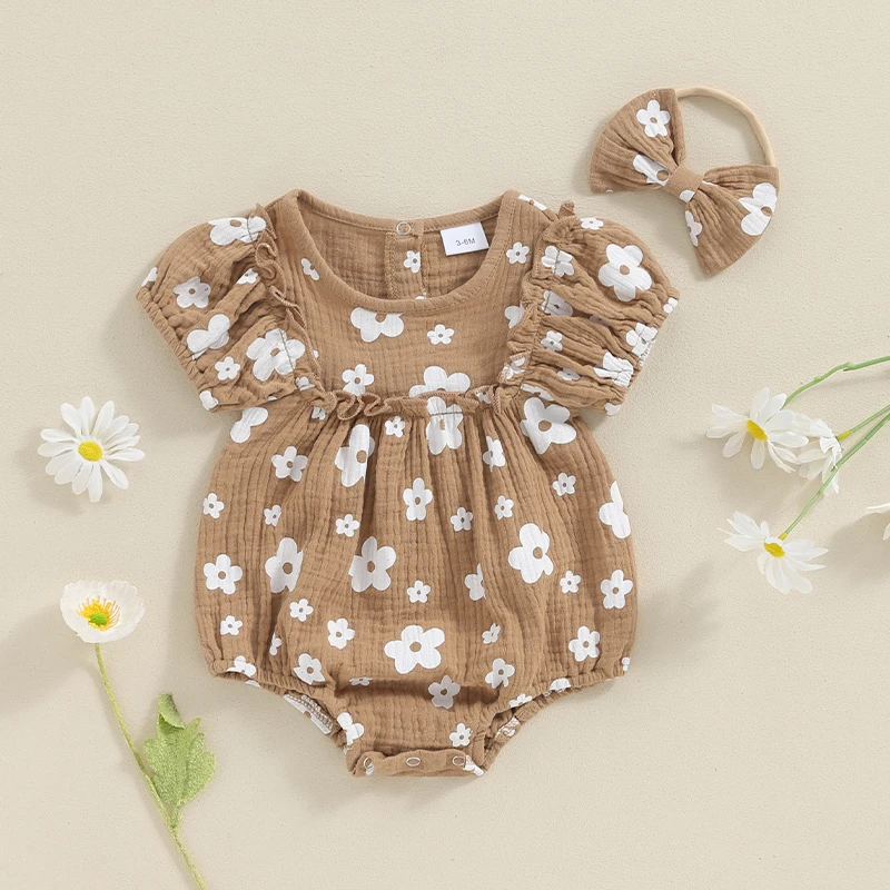 Baby Girl 2Pcs Summer Outfits Short Sleeve Floral Print Frill Romper with Headband Set Newborn Clothes