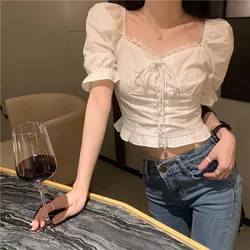 Vintage Blusas Mujer De Moda 2023 Summer Square Collar Lace Patchwork Solid Color Shirts French Sweet Drawstring Slim Blouses