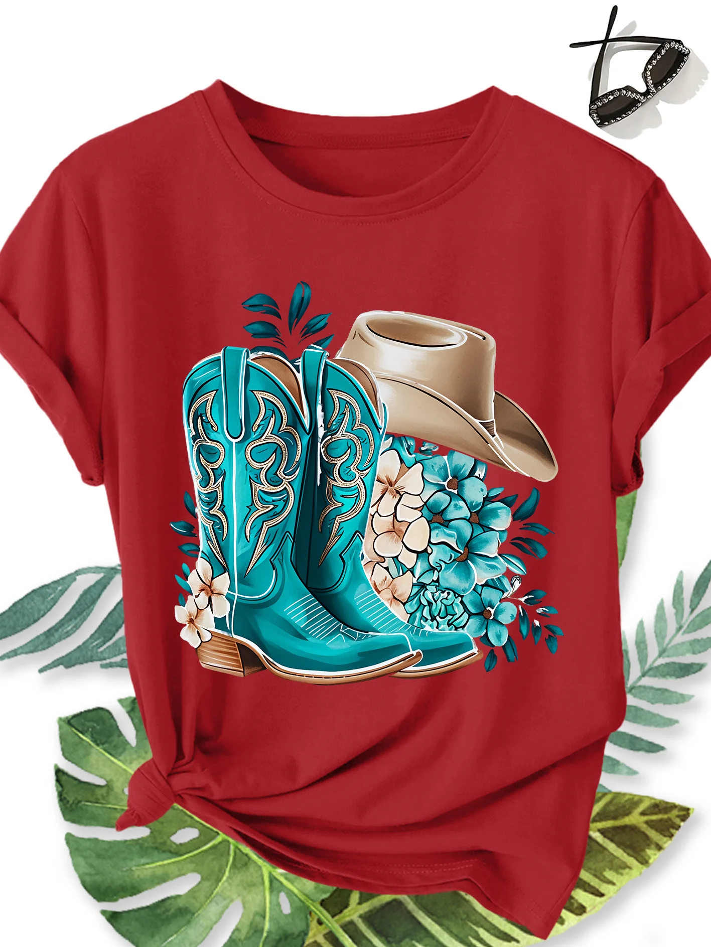 Turquoise Denim Boots, Cowboy Hat, Blues Floral Print Pattern, Women's Fashionable Casual Comfortable Round Neck Gift T-shirt