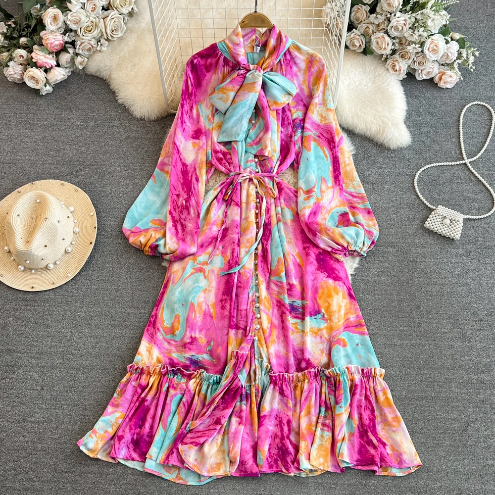 Elegant Chic Puff Long Sleeve Tie Dye Vintage Bow Collar Print A-line Dress Vintage Casual Loose For Women Autumn Maxi Dress