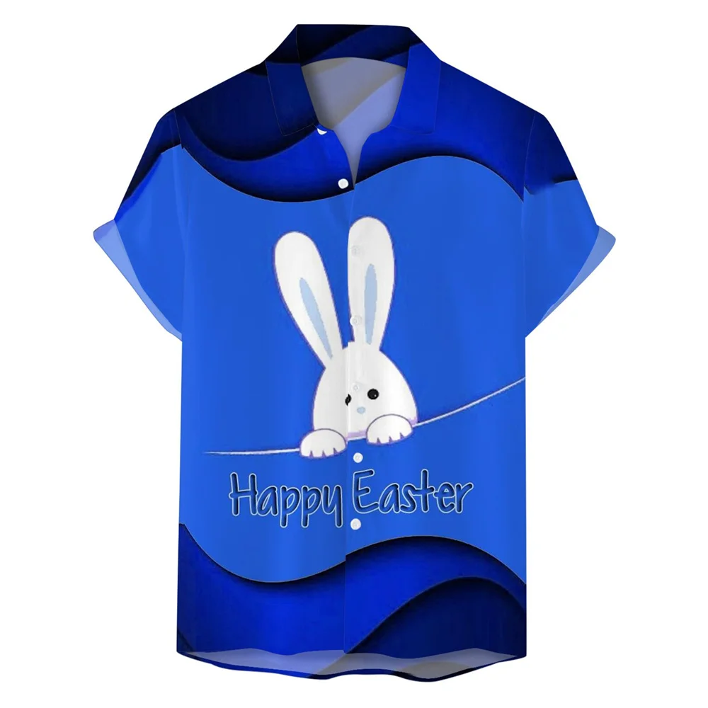 Chemise à motif de lapin bleu pour hommes, chemise décontractée respirante à revers, boutonnée, haut à manches courtes, confortable et doux, mode