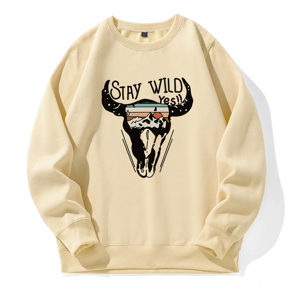 Stay Wild Western World Bison Printing Hoody Man Comfortable Fleece Warm Streetwear Casual Fashion Pullovers O-Neck Loose Hooded