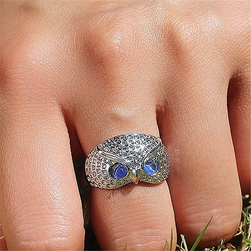 Fashion Cute Big Eyes Owl Ring With Blue Rhinestone CZ Rings For Women Adjustable Delicate Party Jewellery Accessories Gift