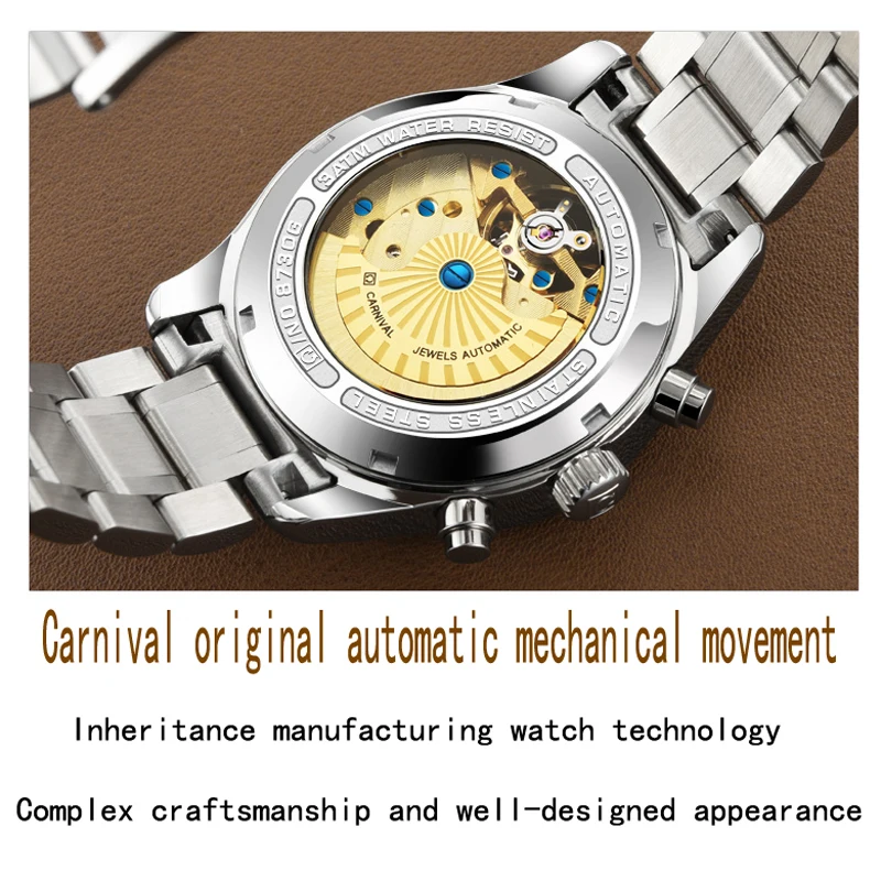 CARNIVAL Automatic Self-Wind Watches Men Luxury Brand Tourbillon Mechanical Watch Luminous Waterproof Date Clock Reloj Hombre