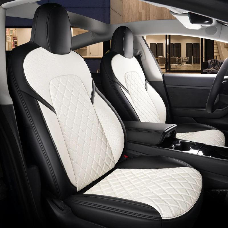 For Tesla Model 3 Y Custom Fit Car Seat Cover Accessories For Tesla 360 Degree Full Covered Middle Genuine Leather White