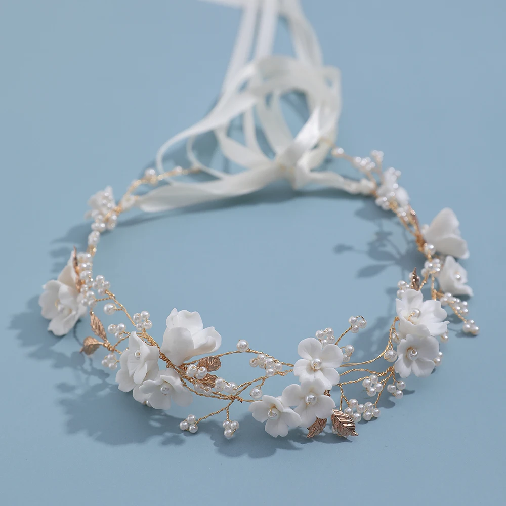 

Gold Color Leaf Ceramic Flower Bridal Forhead Tiara Soft Headband Handmade Wedding Prom Women Hair Crown