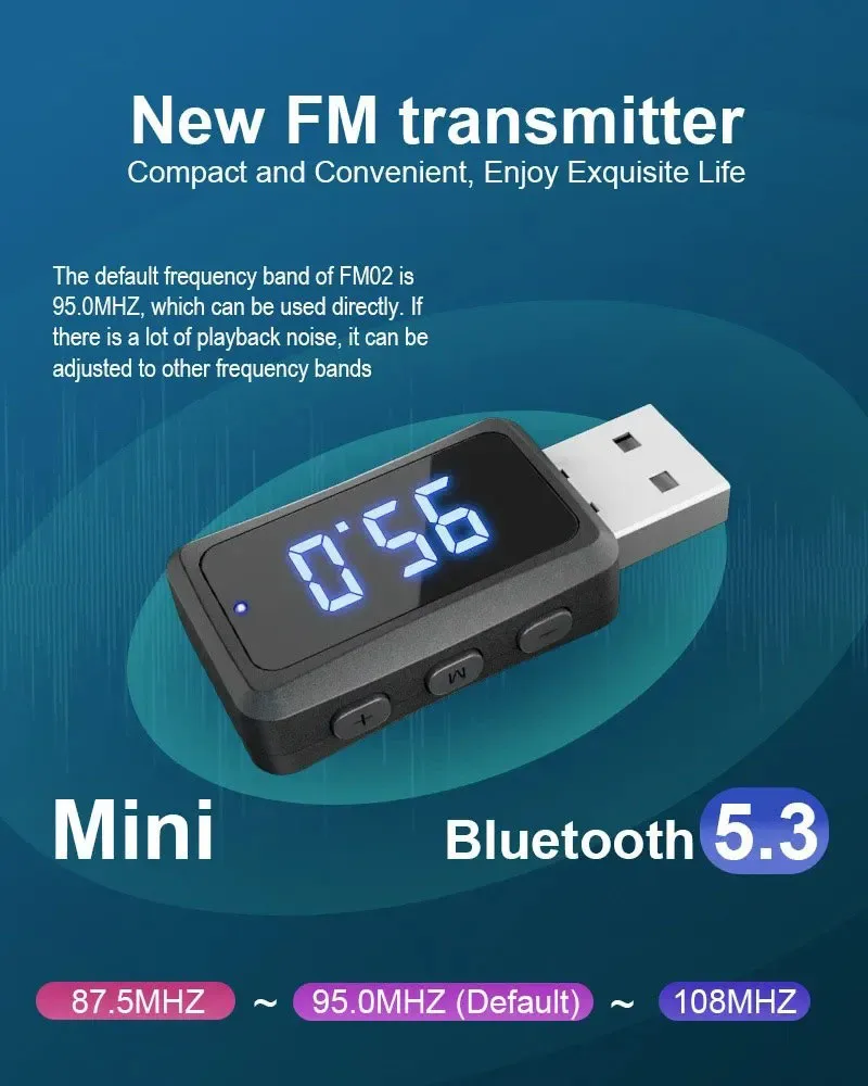 USB Bluetooth 5.3 Adapter FM Transmitter Receiver for Car  Handsfree Call Mini USB Power Auto Wireless Audio For PC Mouse FM02