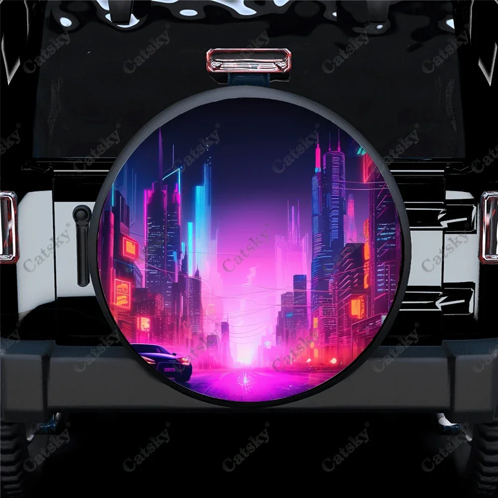 Neon Sunset Cityscape Polyester Universal Spare Wheel Tire Cover Custom Tire-Covers for Trailer RV SUV Truck Camper