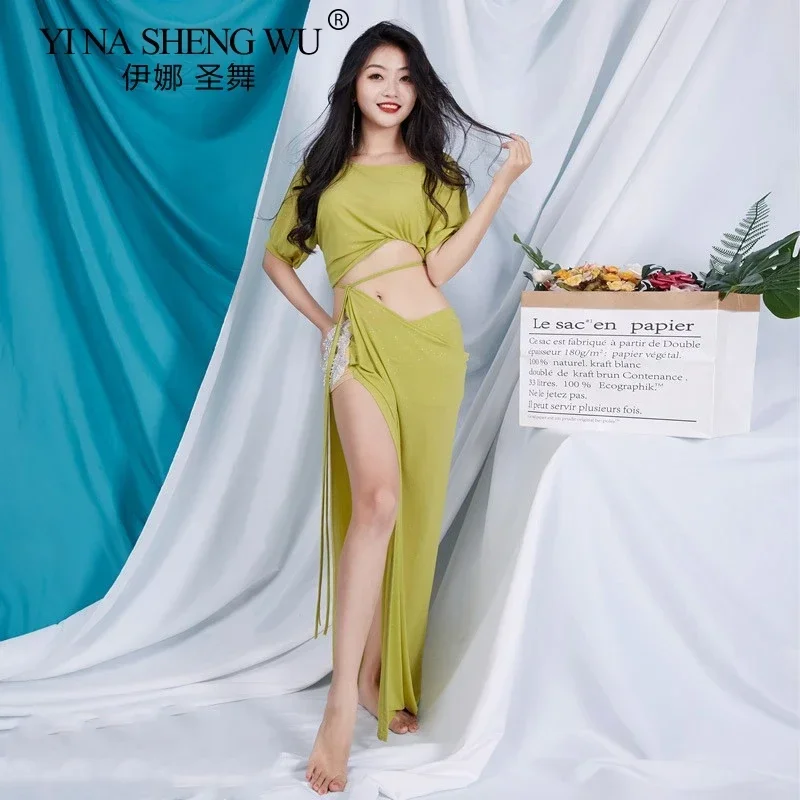 أزياء الرقص الشرقي النساء 2 قطعة مجموعة تنورة علوية مثيرة مع حجر خارج الكتف عالية سبليت الرقص الشرقي مرحلة الأداء ارتداء فتاة #4