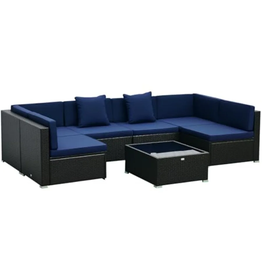 Outdoor patio furniture set: PE rattan wicker sectional sofa with cushions and tempered glass desktop, dark blue, all-weather d