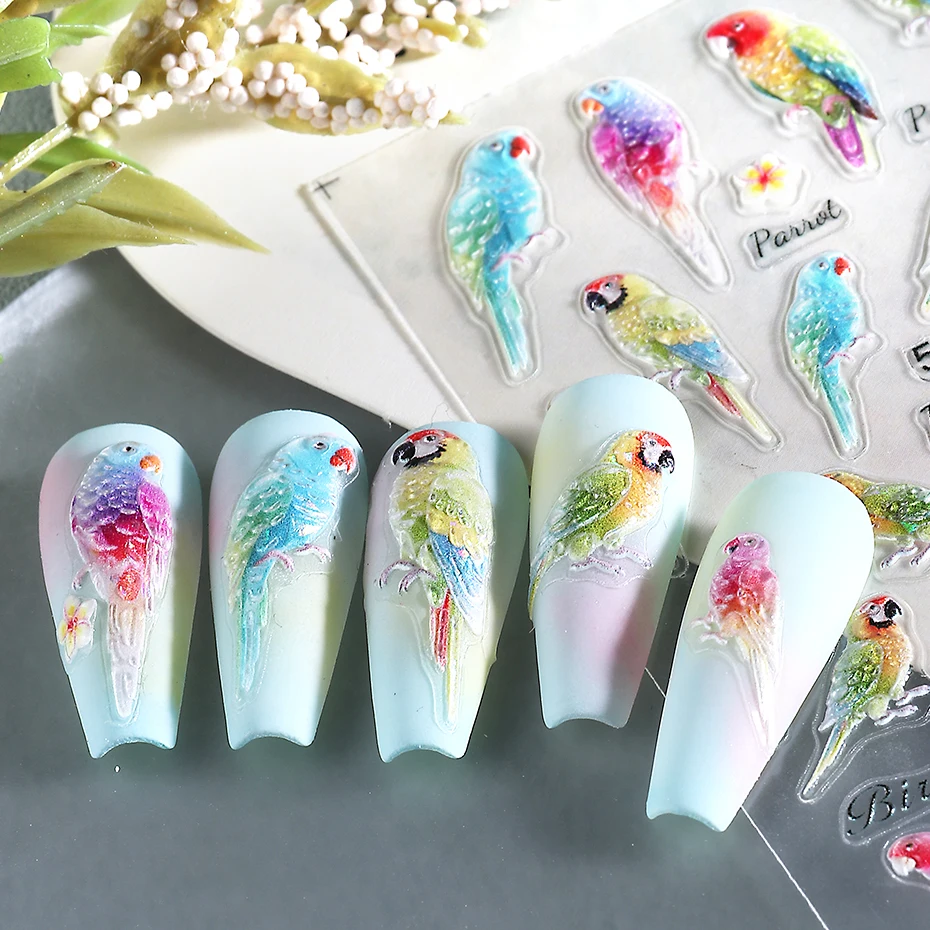 1/2 قطعة 5D تنقش الببغاء الطيور مسمار الفن ملصقات الاستوائية ورقة زهرة فلامنغو تصميم مسمار الشارات الديكور DIY بها بنفسك مانيكير المنزلق