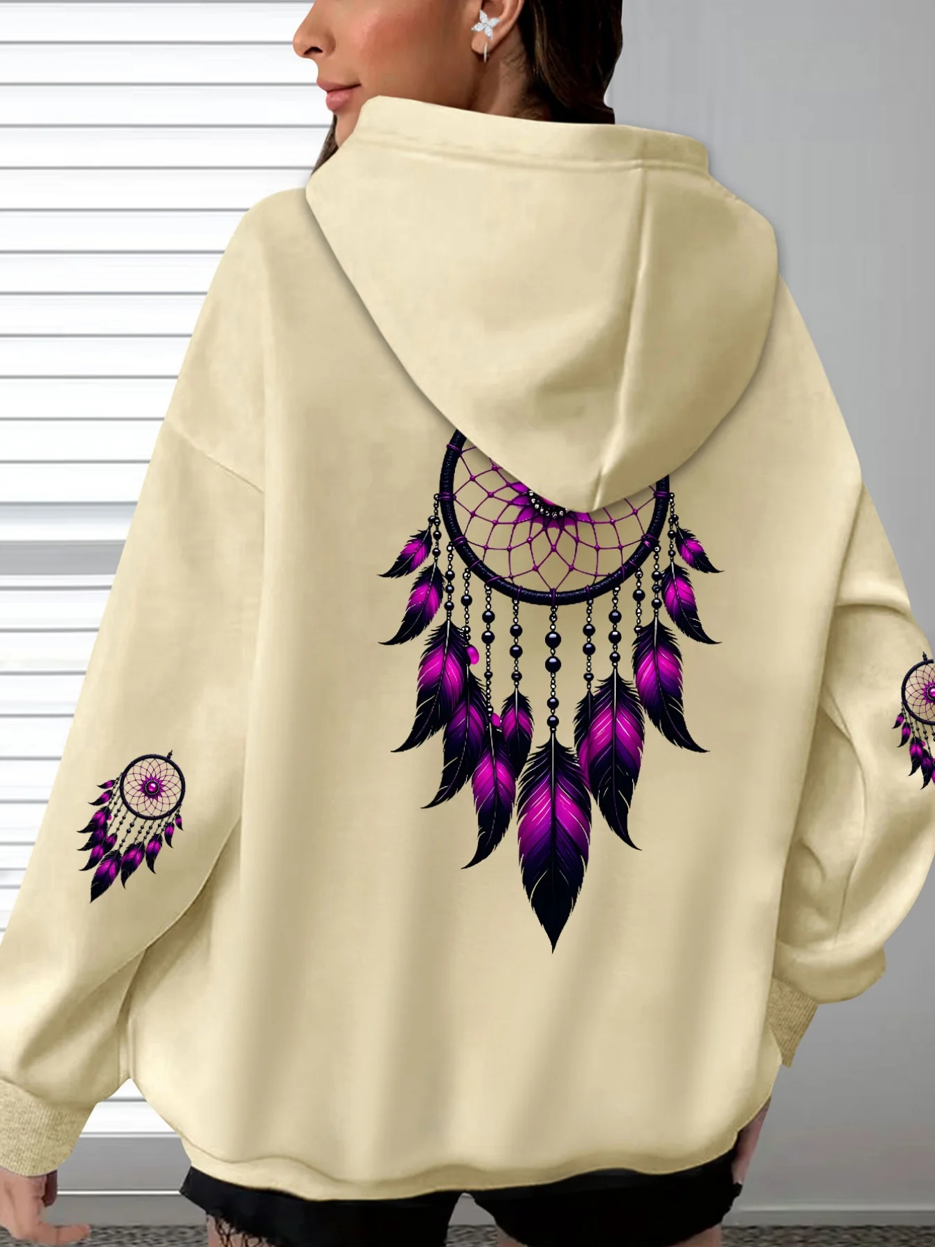 Back Printed Pattern Pullover, Long Sleeved Pocket with Fleece Hooded Sweatshirt, Bohemian Western Casual Streetwear Top