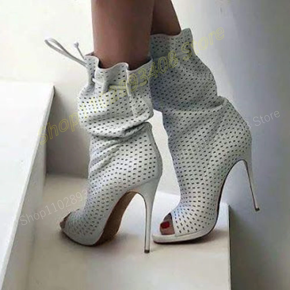 White Crystals Strappy Peep Toe Ankle Boots Stiletto High Heel Runway Fashion Sexy Women Shoes 2024 Spring Zapatos Para Mujere