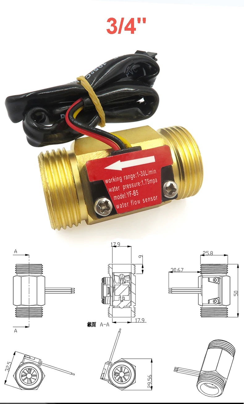 1/2" 3/4" 1 Zoll Messing Hall Flow Sensor Wasserdurchflusssensor Durchflussmesser Steuerung Flüssigkeitssensorschalter – Detail 5