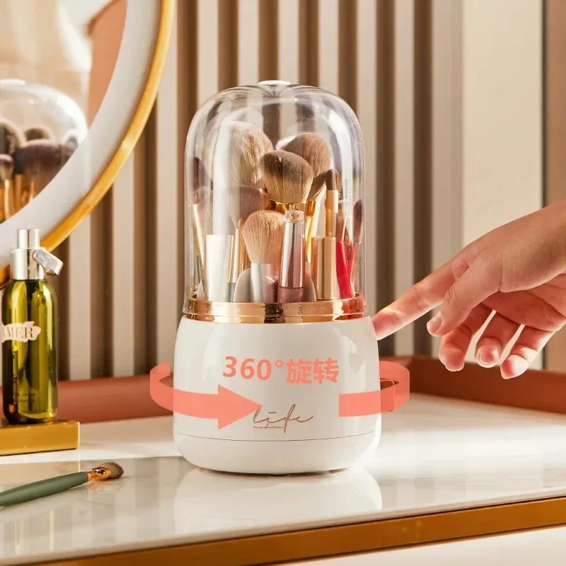 Makeup Brush Storage Bucket Dustproof Hose Cover Partition Can Rotate The Pen Holder Transparent Box Desktop 1PC