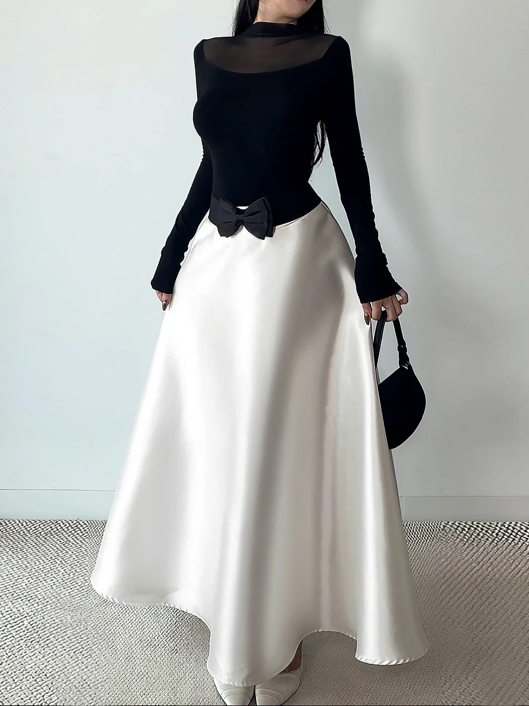 

Офисный модный комплект из 2 предметов для женщин, французский прозрачный вязаный свитер, джемперы с бантом, белая юбка-миди трапециевидной формы с высокой талией, наряд