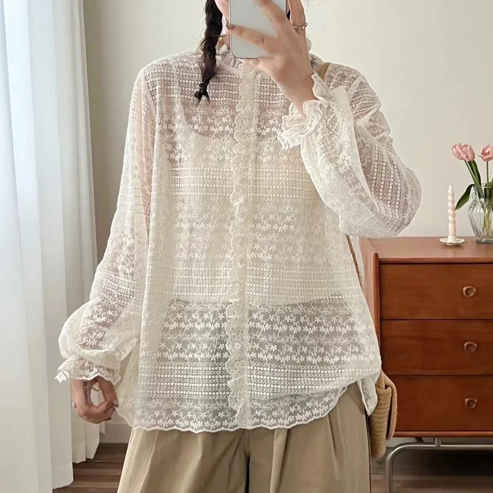 고품질 여성용 100% 면 레이스 블라우스 셔츠 데일리 싱글 레이스 속이 비치는 새틴 새 패션 셔츠 블라우스