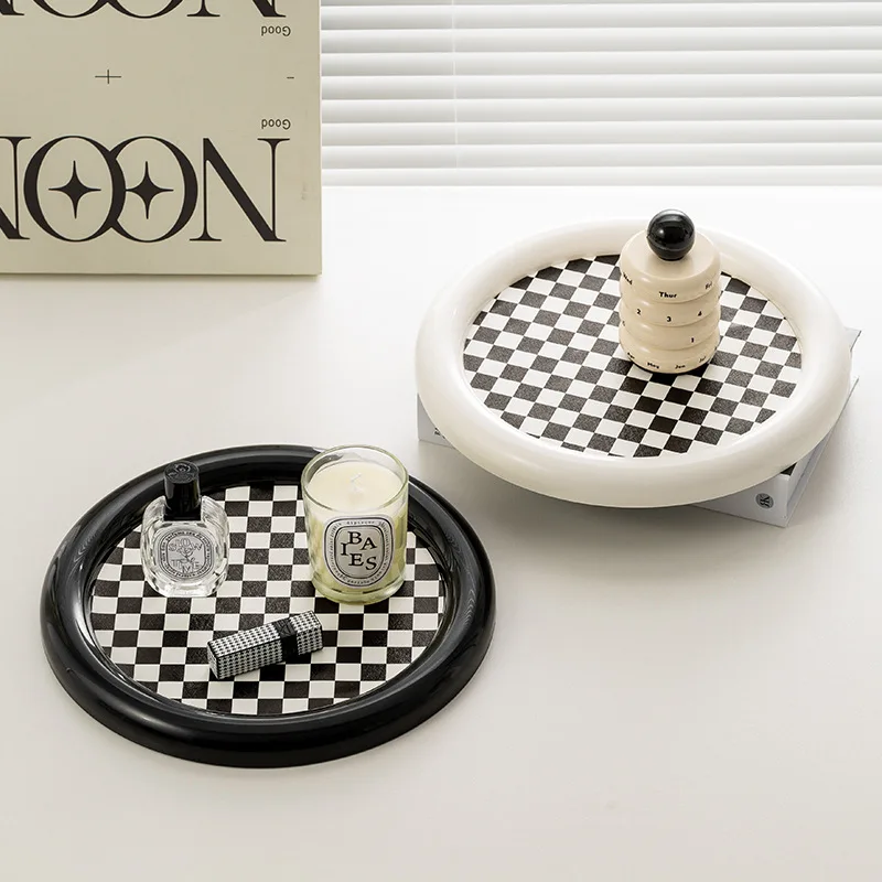 Nordic Style Black and White Plaid Tray Aromatherapy Lipstick Small Object Tray Living Room Porch Sundries Desktop Storage Tray