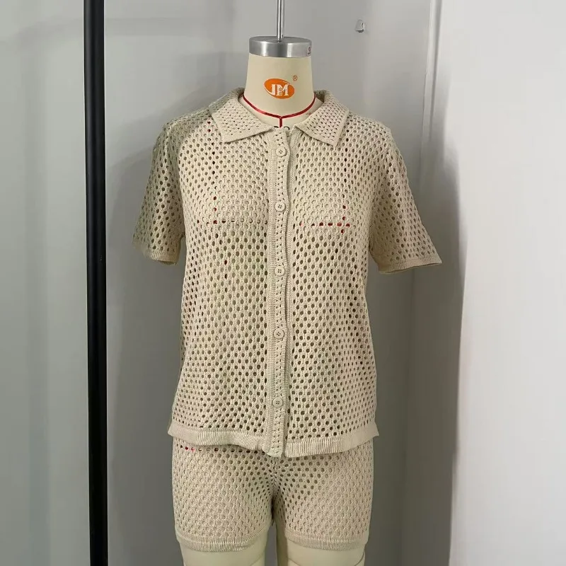 European and American New Women's Casual Short Sleeved V-neck Hollow Out Shirt Shorts Set Solid Color Sports Two-piece Set