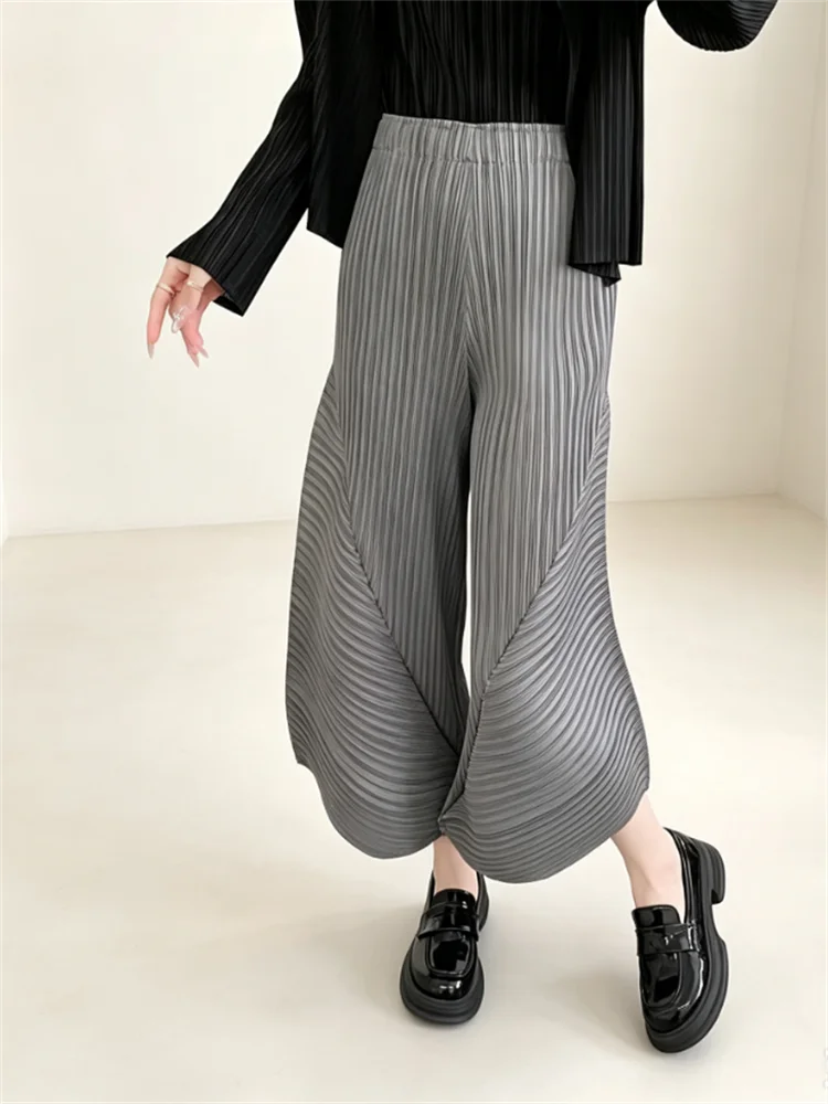 Miyake Style Women Pleated Wide Leg Pants Elastic Waist Loose Harem Trousers Casual Baggy Comfortable Long Pants