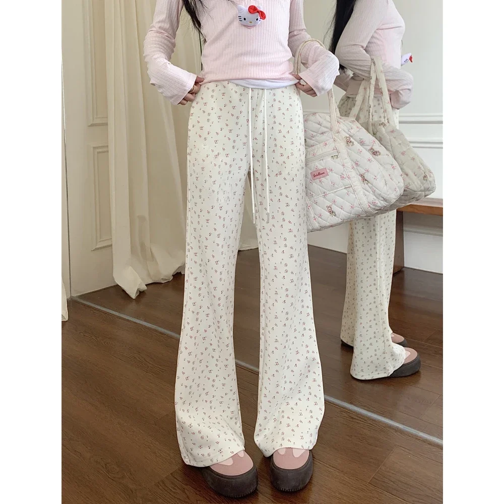 Women Floral Drooping Wide Leg Pants Slightly Flared Plush Casual Trousers Spring Autumn Winter Fashion