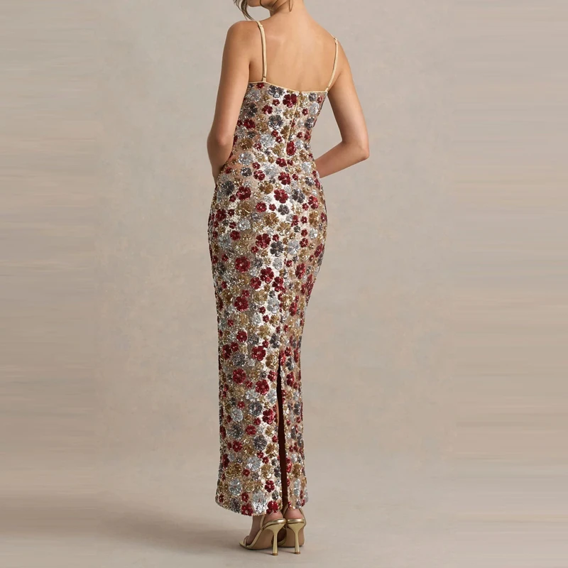 Robe de soirée élégante à paillettes, Slim, à bretelles, Sexy, sans manches, épaules dénudées, mode, taille haute, fendue, longue