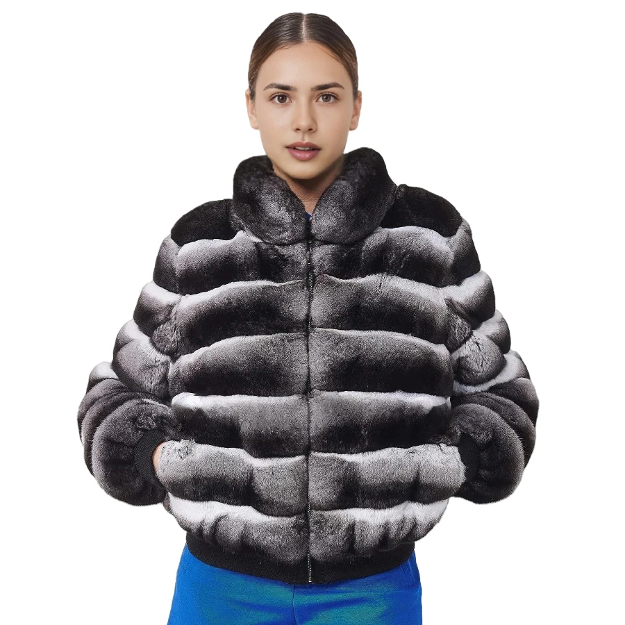 

Chinchilla Fur Real Rex Rabbit Fur Coat Women Luxury Winter White Fur Jacket Mid-Length Natural Fur