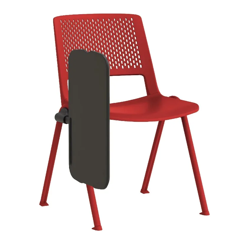 Stackable plastic armless chair with foldable writing pad